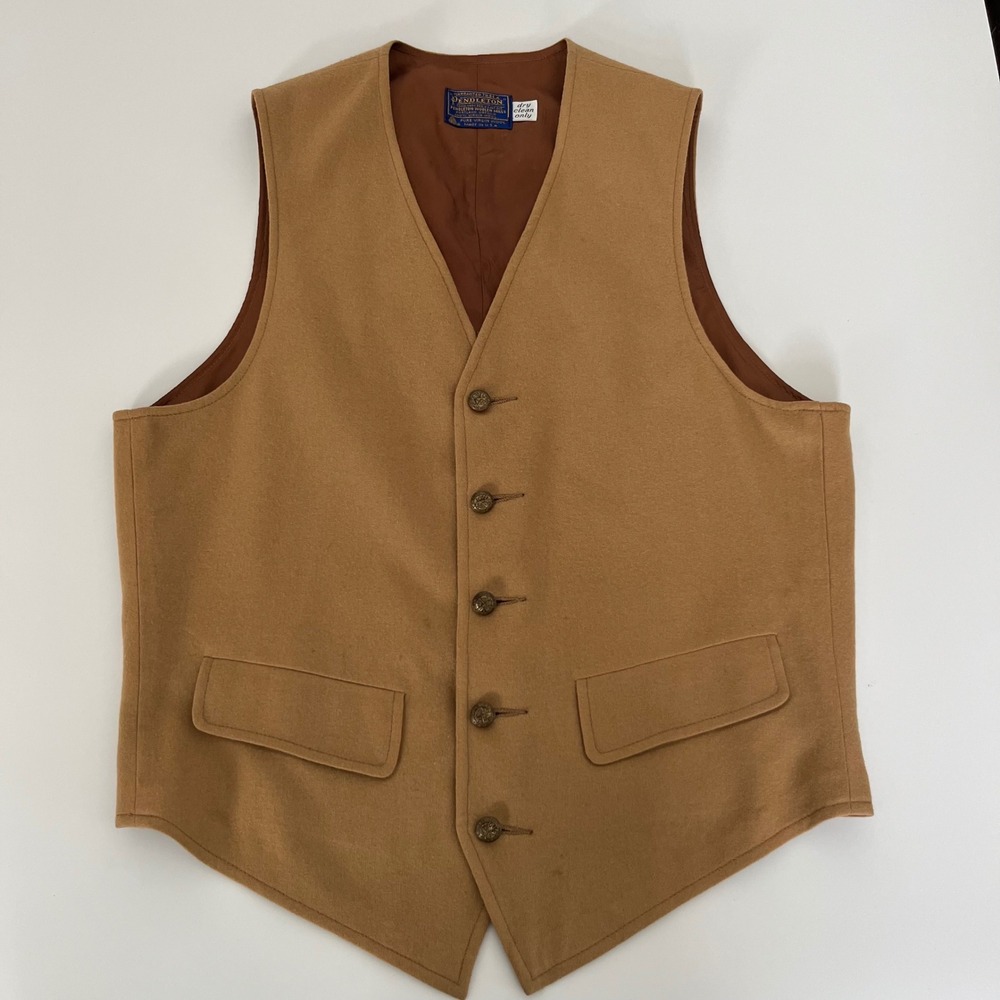 Vintage Pendleton Mens Wool Vest Tan Camel 100% Virgin Wool Made in USA Lined